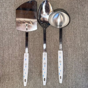 Vintage Ecko Atomic Starburst White Blue Stainless Utensil Set Of 3 MCM USA
